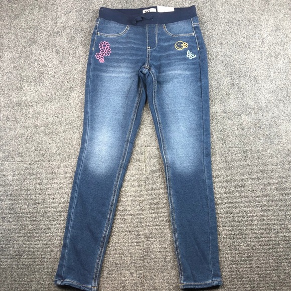 SO Girl's Size 12 Dark Wash Denim Jeggings Knit Waistband Embroidered Details - Picture 1 of 7
